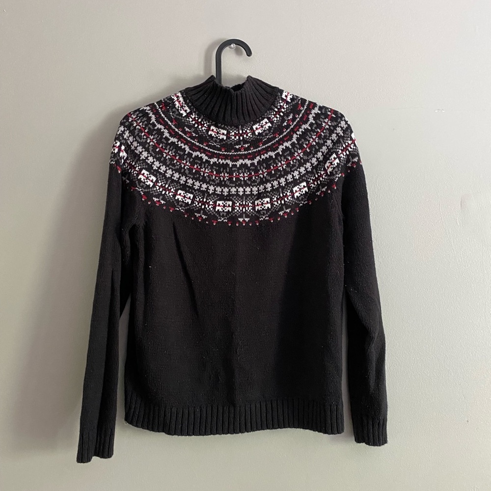 black fair isle yoked cotton mock neck cropped winter sweater size small
